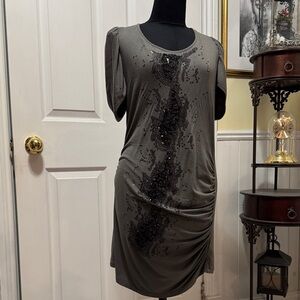 Alexandra Bartlett Olive Green Sequin Ruched Short Sleeve Dress